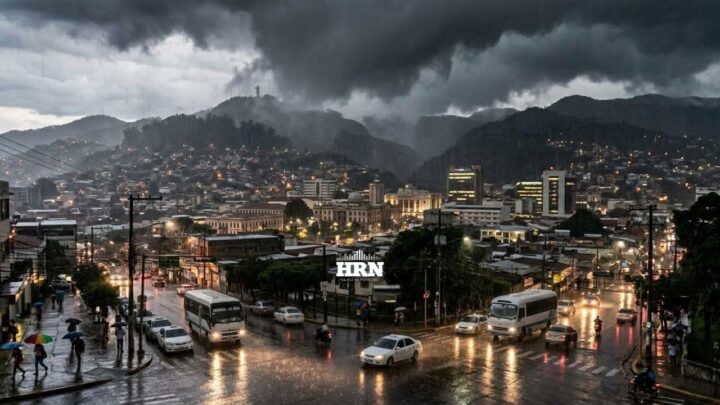 Mapa meteorológico de Honduras con zonas de lluvia y tormentas eléctricas