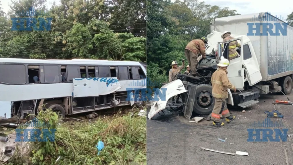 Accidente entre bus y camión en la carretera CA-13, cerca de Guaymitas, El Progreso