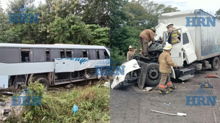 Accidente entre bus y camión en la carretera CA-13, cerca de Guaymitas, El Progreso