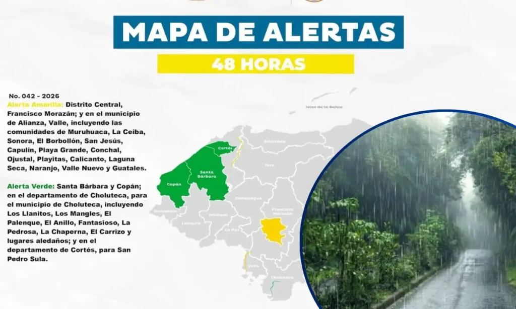 Mapa de zonas de Honduras bajo alerta amarilla y verde por lluvias