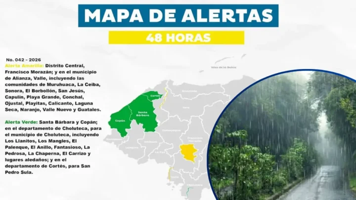 Mapa de zonas de Honduras bajo alerta amarilla y verde por lluvias