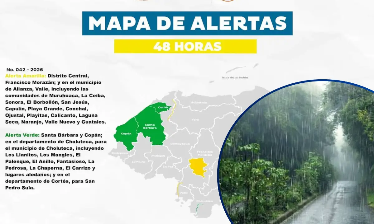 Mapa de zonas de Honduras bajo alerta amarilla y verde por lluvias