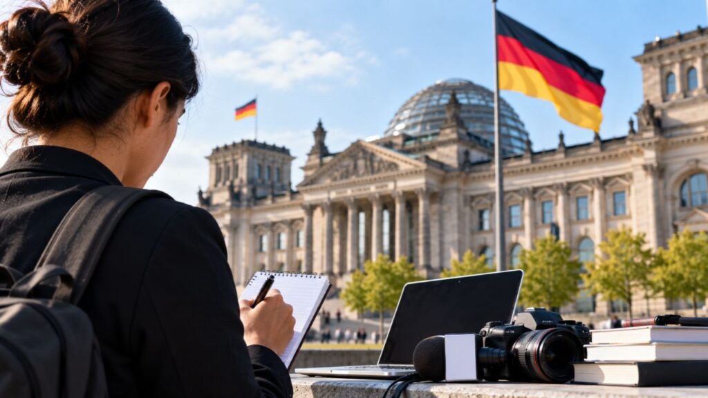 Periodista revisa documentos para postularse a una beca de trabajo en Alemania